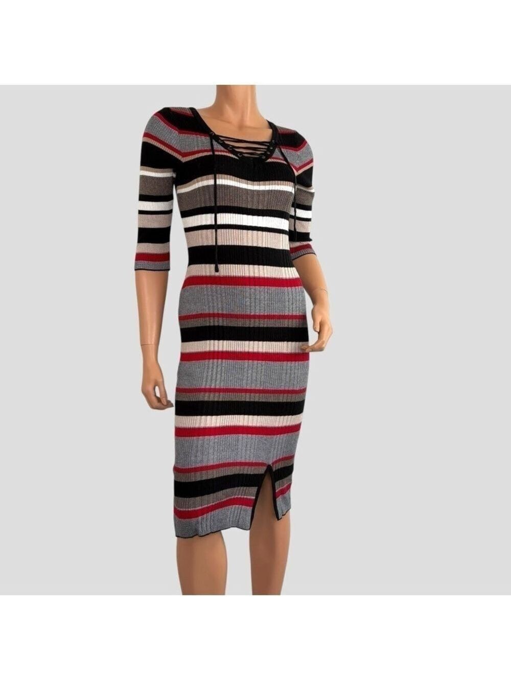 Pink Rose Women’s Rib Knit Midi Dress Lace-up Striped Stretchy Sz S/P Y2K Indie